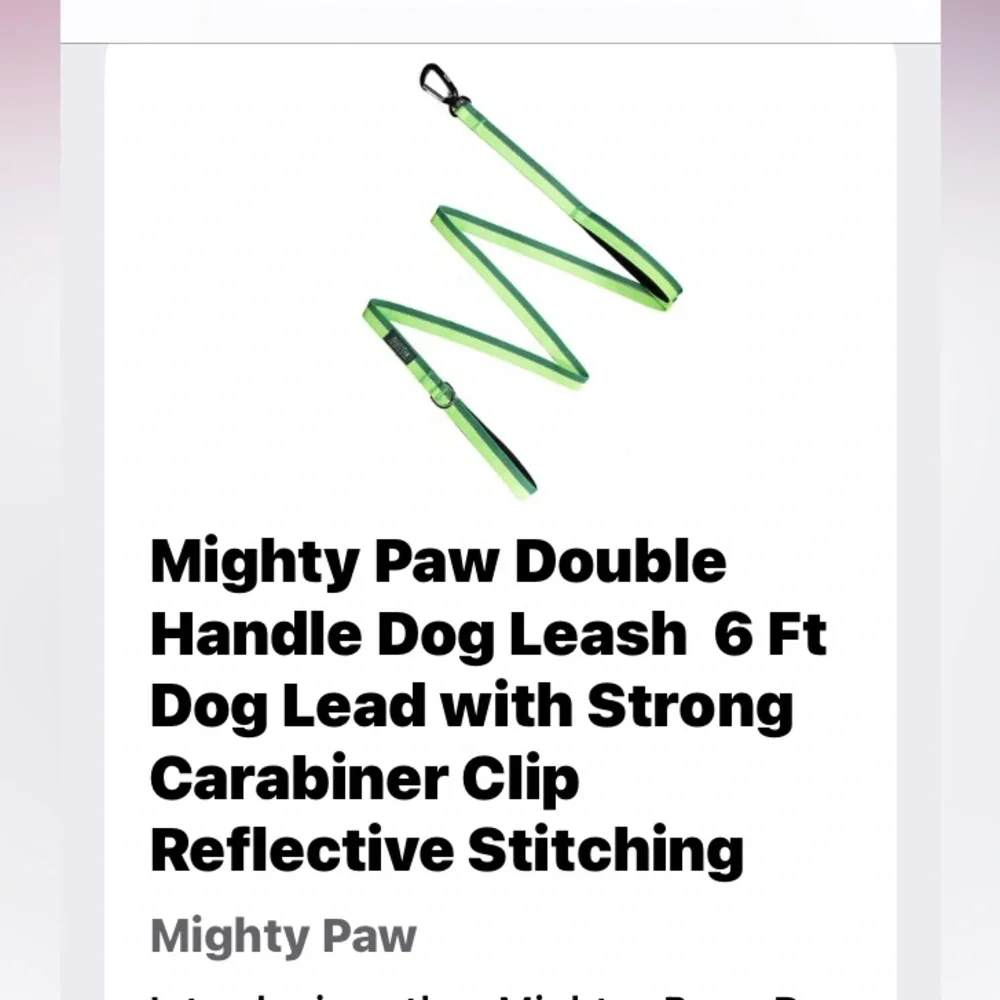 New Mighty Paw Double Handle 6 Ft Leash Carabiner Clip Reflective Stitching